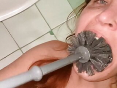 dirty toilet licking, toilet brush, spit from the floor