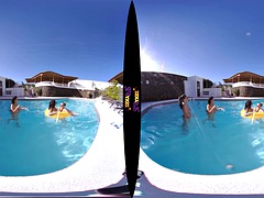 Topless models in the pool