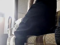 A security guard with a dirty dick fucks a masturbator under a blanket in an apartment on a business trip
