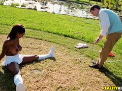 Busty hot black girl in sexy fluffy skirt Brandi gets fucked on golf field