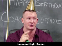 Coach bangs adorable high school teen with braces on his birthday with his big cock