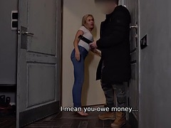 DEBT4k. Long Haired Blonde Takes Debt Collector Home For Intercourse