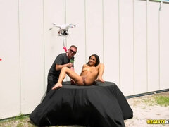 아마추어, 흑인, 흑갈색 머리, 사정 샷, 딜도, 얼굴에, 돈, 야외의