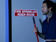 Grizzled custodian finds Abigail Mac rubbing her pussy