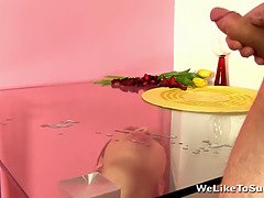 Paula Shy licks cum out of a glass after a steamy European fuck