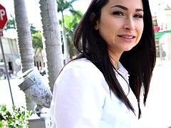 Amateur beauty bangs for money outdoors