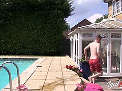 Milf with firm and round boobs seduced by boy on pool