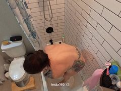 Amatőr, Fürdőszoba, Pár, Csupasz, Zuhanyozó, Tetkó, Begyek