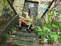 Brunette German emo teen meets outside for a sex date - outdoor blowjob