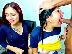 Latin American girls caress each others tits and fuck in the throat