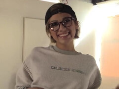 Aubrey Luna wearing glasses and giivng a blowjob